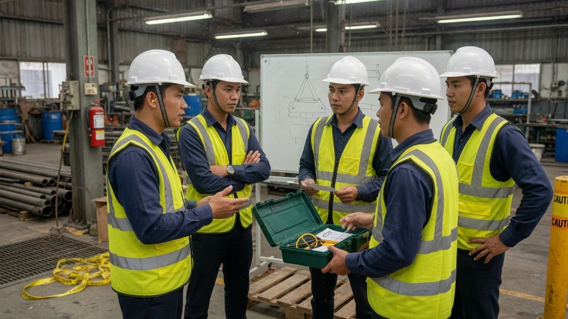 Họp toolbox đầu ca với đầy đủ trang bị bảo hộ tại công trường công nghiệp.