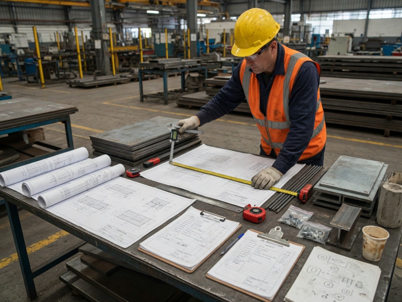 Engineer inspecting materials and drawings on site.